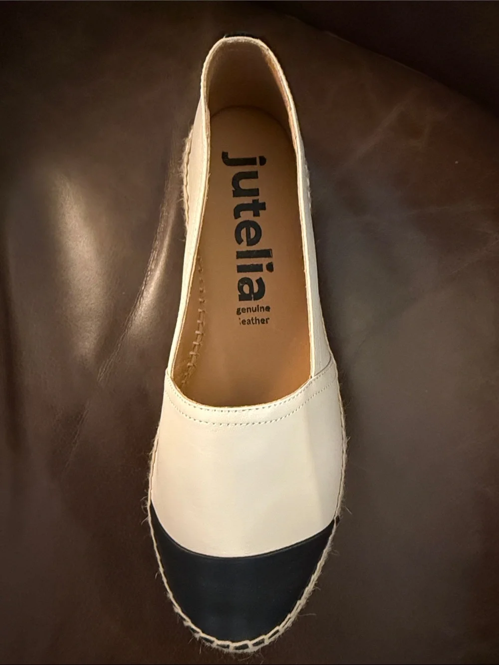 Juteria Two-Tone Leather Espadrille Slip-Ons in White and Black